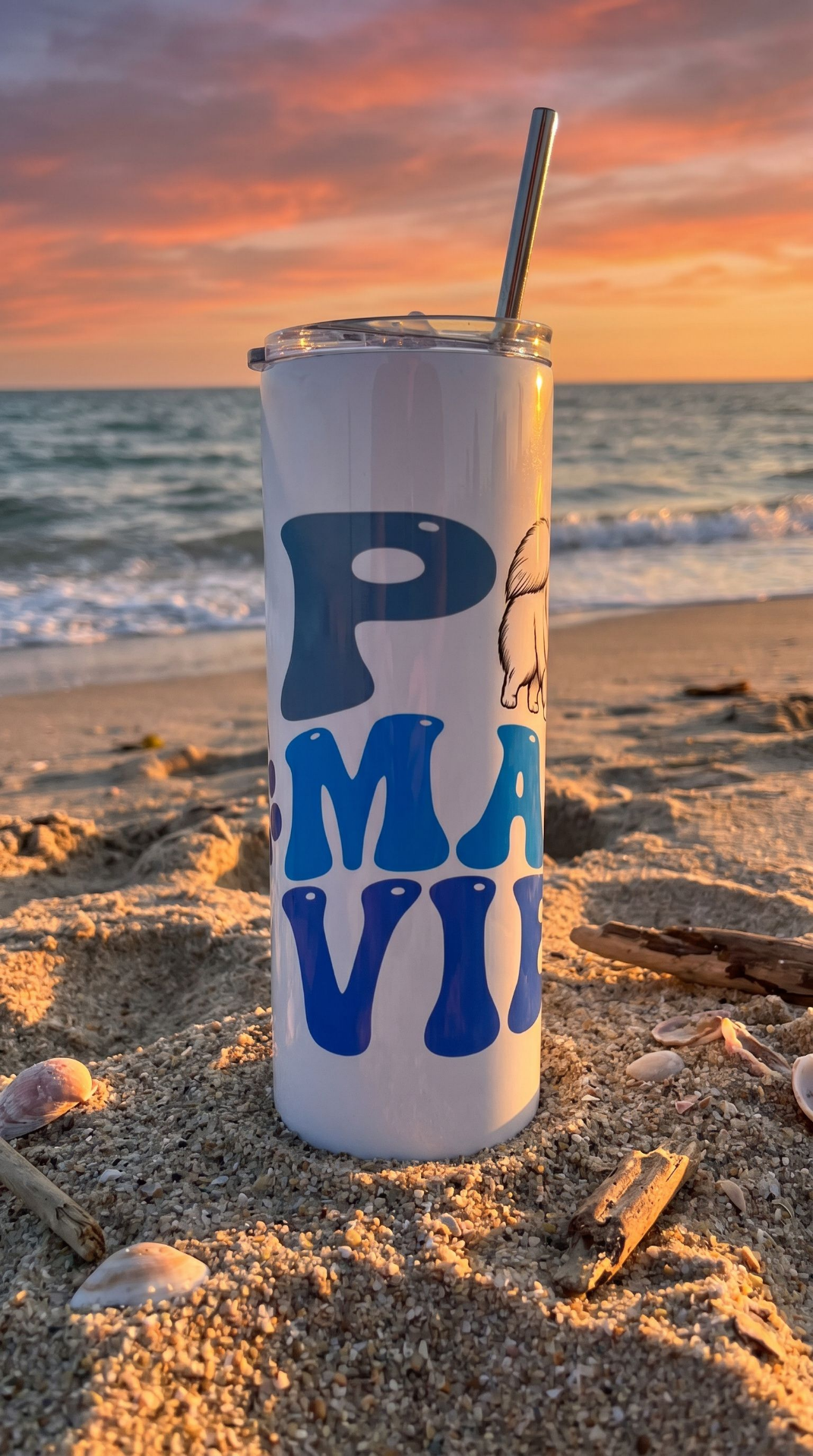 Pom Mama Vibes Stainless Steel Tumbler 20oz | Pomeranian Dog Mom Gift | Retro Dog Lover Tumbler with Lid & Straw | 360° Wrap Design