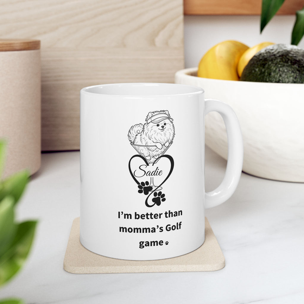 Personalized Pomeranian Dog Mom Coffee Mug | Custom Pet Name | Golf Dog Mom Gift | 11oz & 15oz Ceramic Mug