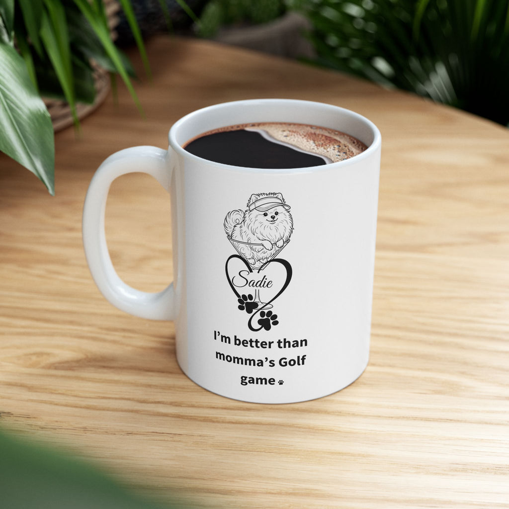 Personalized Pomeranian Dog Mom Coffee Mug | Custom Pet Name | Golf Dog Mom Gift | 11oz & 15oz Ceramic Mug