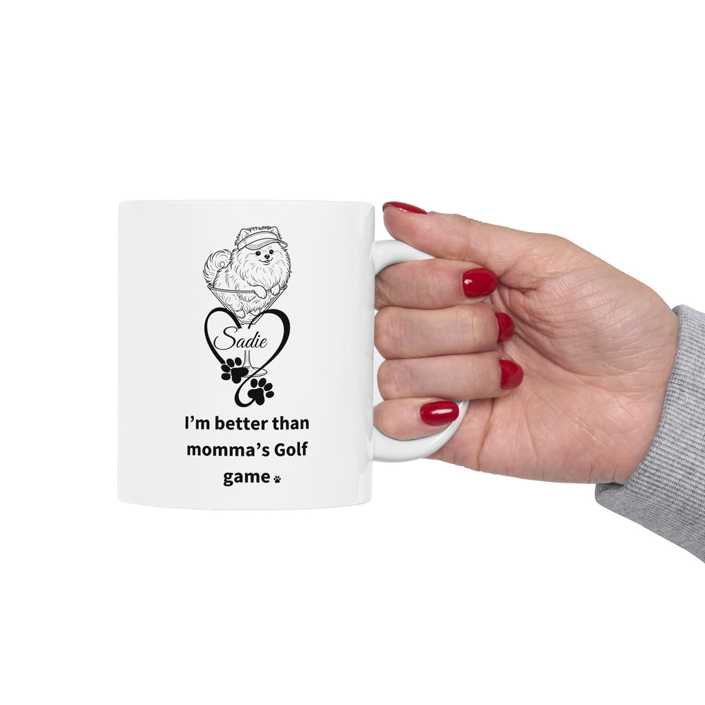 Personalized Pomeranian Dog Mom Coffee Mug | Custom Pet Name | Golf Dog Mom Gift | 11oz & 15oz Ceramic Mug