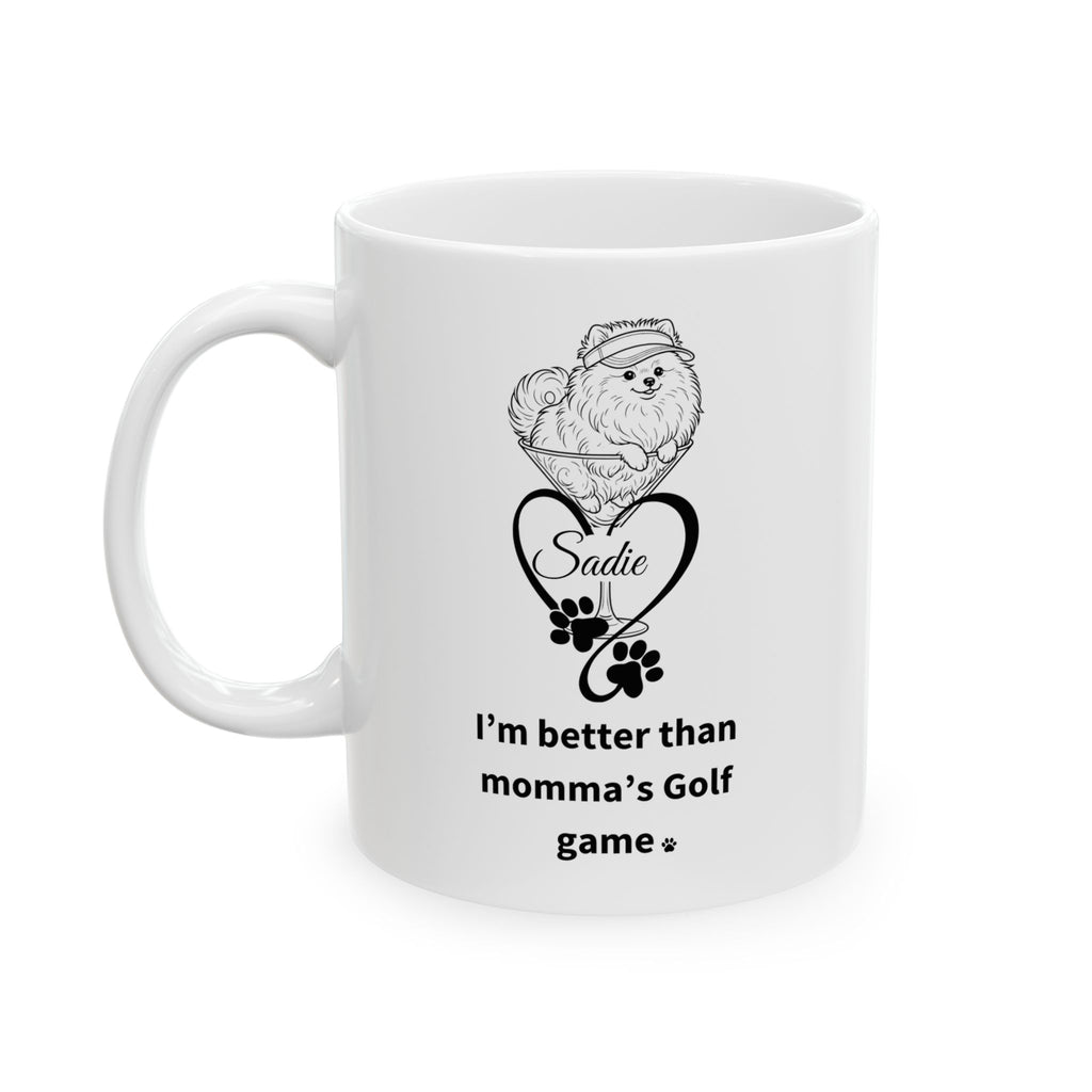 Personalized Pomeranian Dog Mom Coffee Mug | Custom Pet Name | Golf Dog Mom Gift | 11oz & 15oz Ceramic Mug