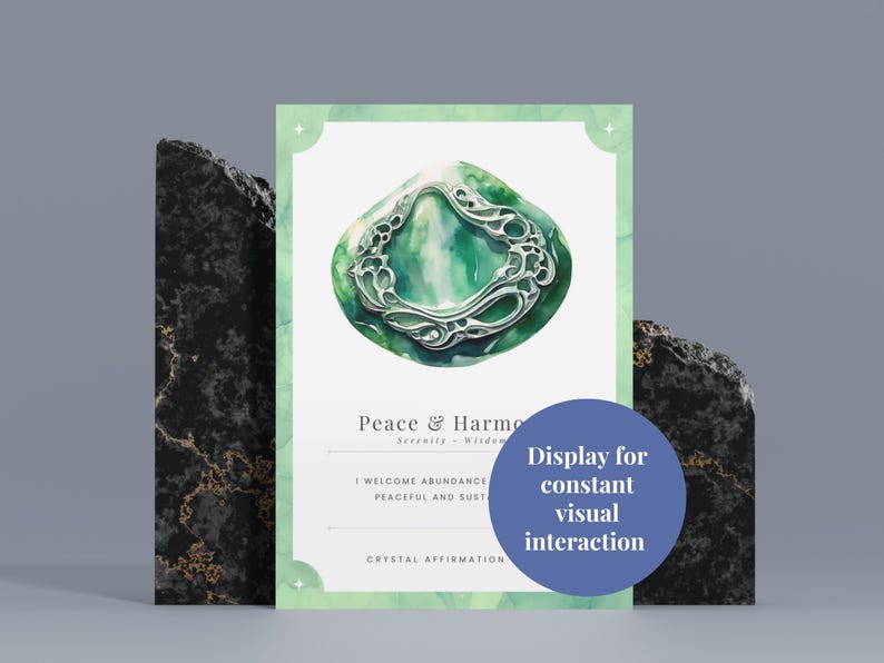 Peace and harmony crystal card displayed between two black stone blocks for desk display