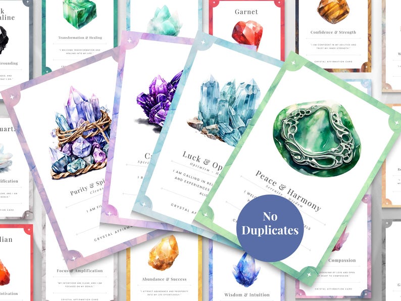 Crystal affirmation cards with watercolor illustrations and intentions on white backgrounds