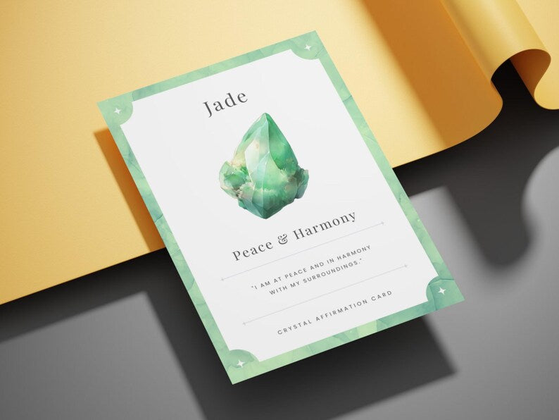Jade crystal card with a green border reading peace and harmony