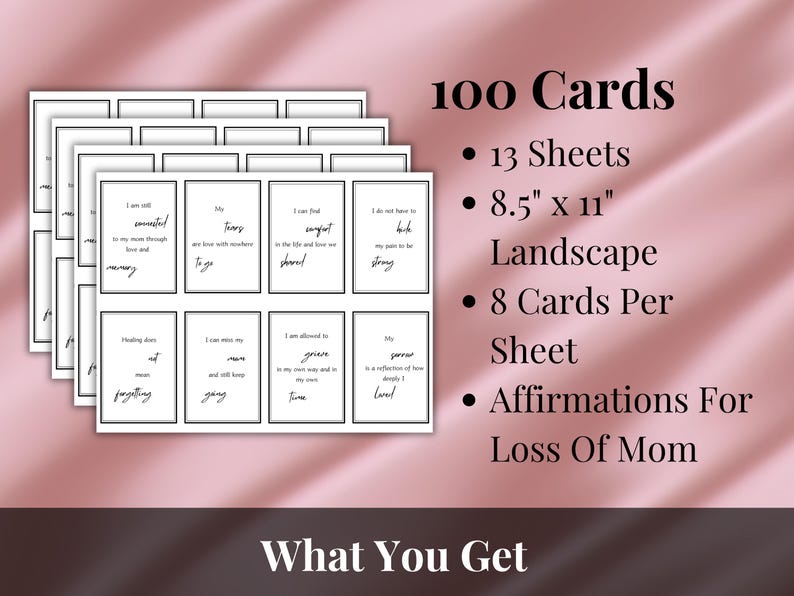 100 grief affirmation cards for loss of mom, white cards with gentle black text, 8 cards per sheet