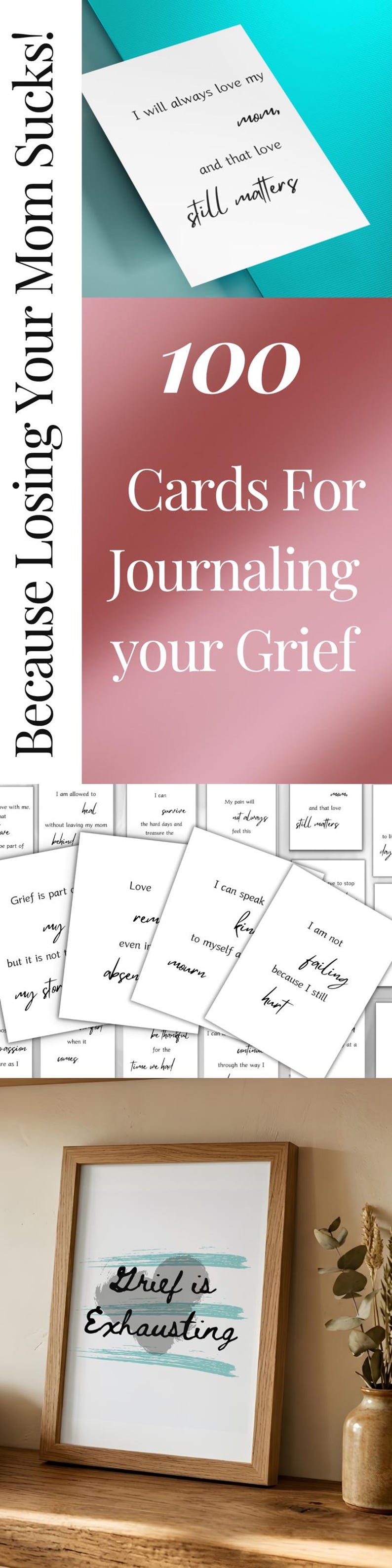 Grief cards and a framed grief is exhausting print with the verse I will always love my mom