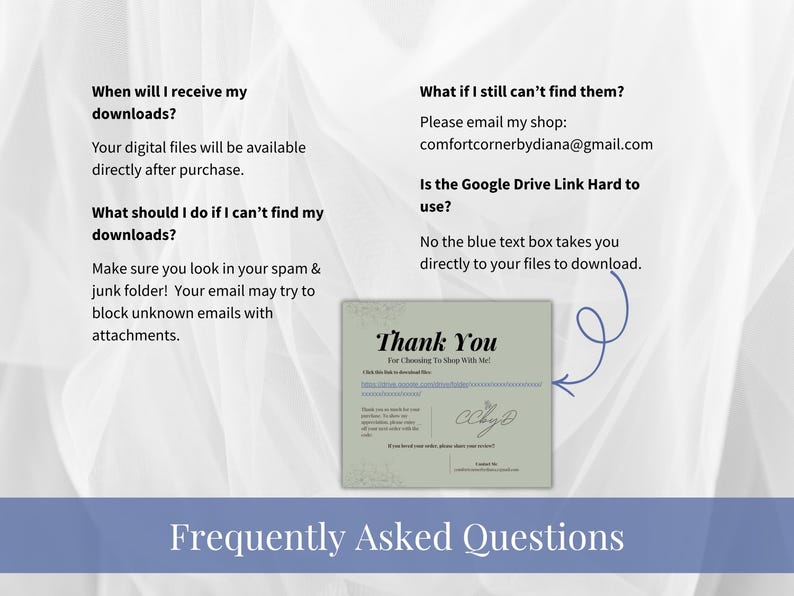 Frequently asked questions graphic with a thank you card and shop email