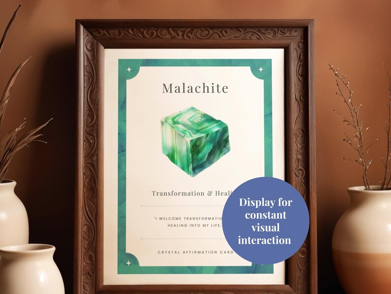 Framed Malachite print with a green crystal watercolor and text about transformation and healing