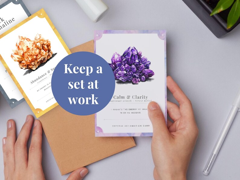 Crystal cards reading calm and clarity and abundance and success in a brown envelope