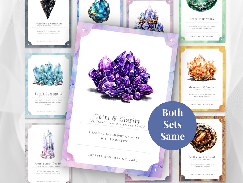Crystal cards with a central calm and clarity purple crystal card, both sets the same affirmations