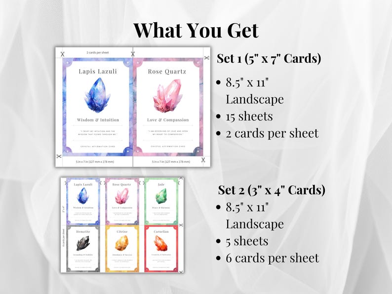 What you get, two sets of crystal cards, 5x7 and 3x4 sizes with Lapis Lazuli and Rose Quartz