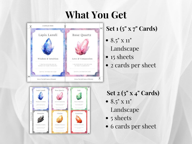 What you get, two sets of crystal cards in 5x7 and 3x4 sizes with Lapis Lazuli and Rose Quartz