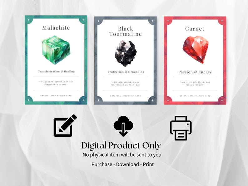 Three crystal cards featuring Malachite, Black Tourmaline and Garnet with their properties