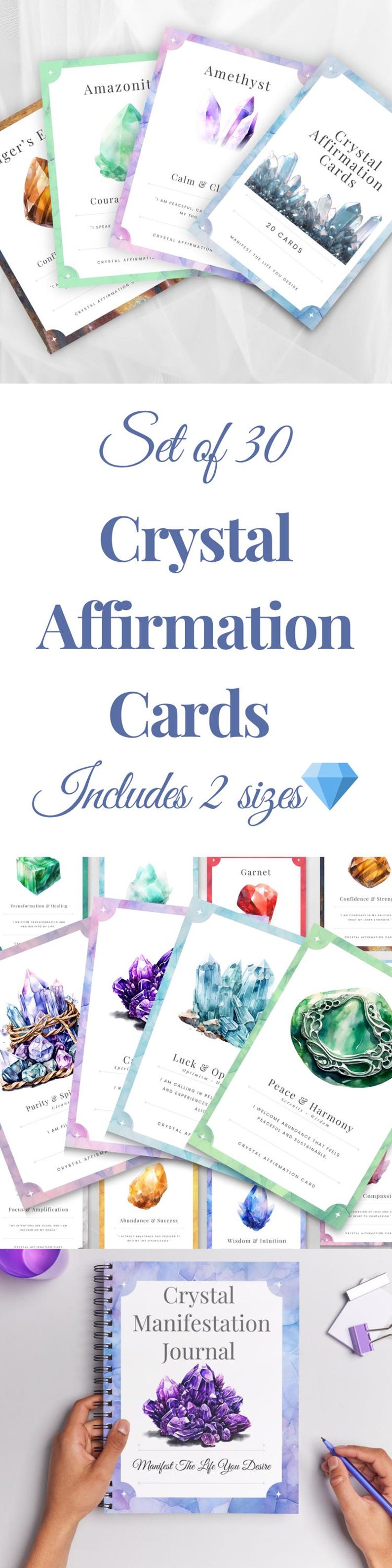 Set of 30 crystal affirmation cards with amethyst and amazonite illustrations and a matching journal