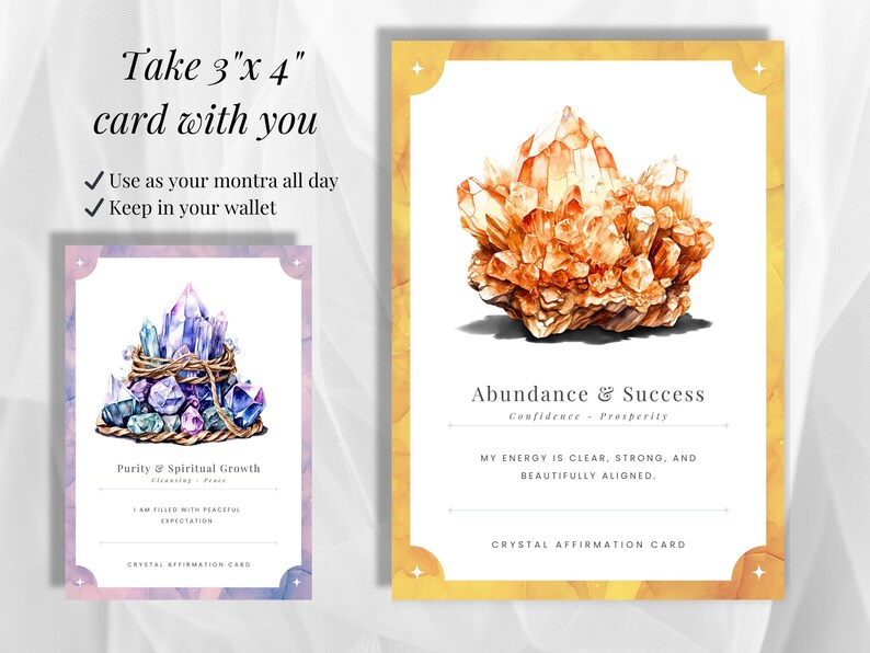 Two crystal cards reading abundance and success and purity and spiritual growth, 3 by 4 inches