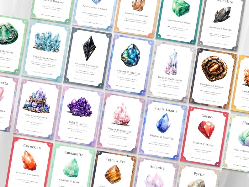 Crystal cards with intentions like luck and opportunity and passion and energy on a light background