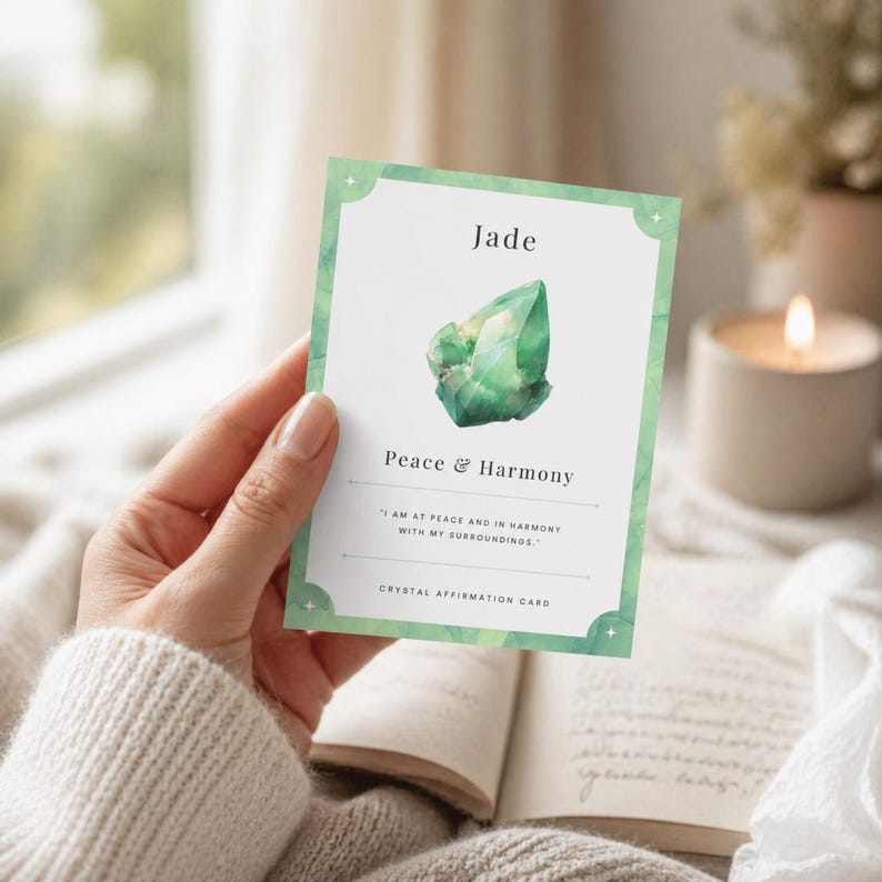Jade crystal affirmation card reading peace and harmony, I am at peace and in harmony with my surroundings