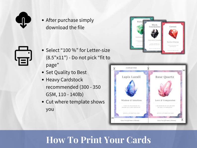 How to print your cards guide showing Lapis Lazuli and Rose Quartz crystal cards on cardstock