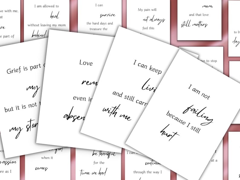 White cards with handwritten-style verses about healing, love and resilience