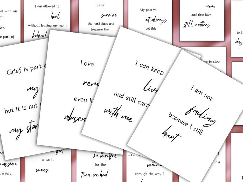 Grief affirmation cards close up showing minimalist design and comforting verses