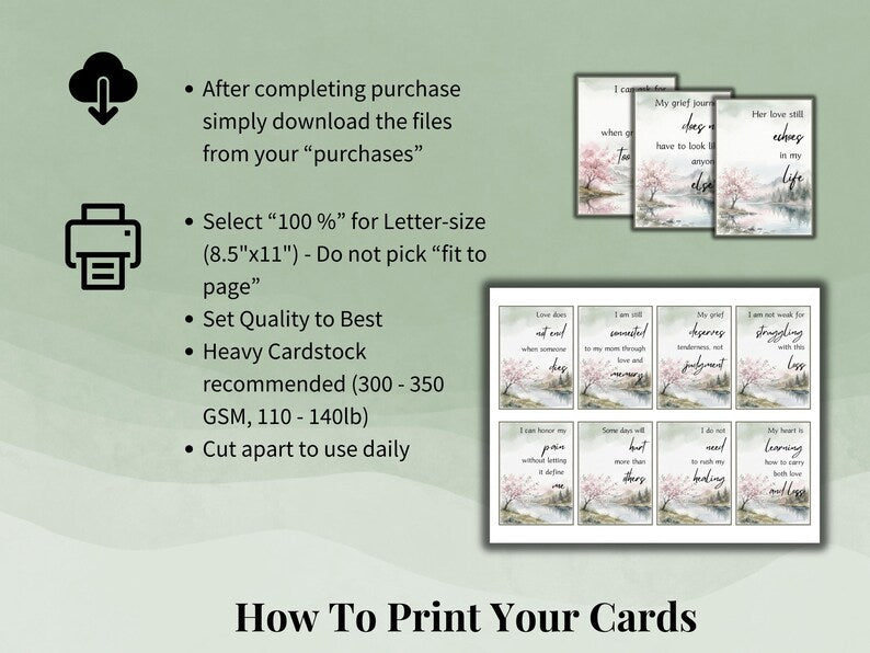 How to print your cards guide with download and printer icons and a cherry blossom watercolor card