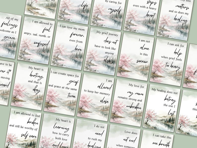 Affirmation cards with watercolor landscapes and verses like I am allowed to feel broken and my heart is hurting