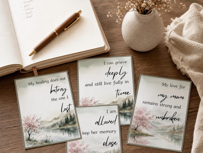 Gold accent pen on an open notebook with watercolor grief cards and a small vase of dried flowers