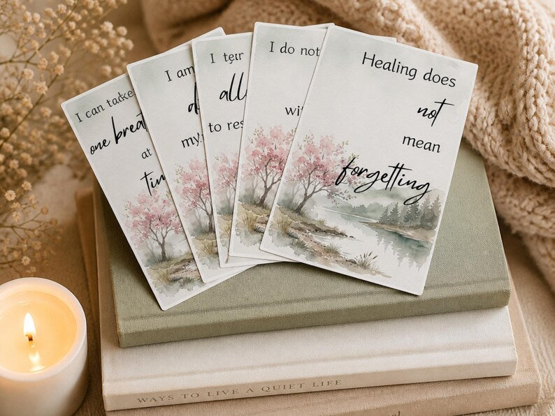 Stack of books with cards reading healing does not mean forgetting, a lit candle and a knit blanket