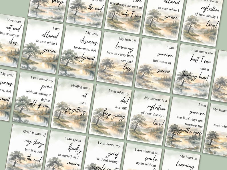 Cards with watercolor tree water and sky scenes and grief, love and healing quotes