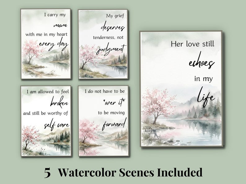 Five watercolor scenes with serene tree and water landscapes and quotes about love, grief and self-care