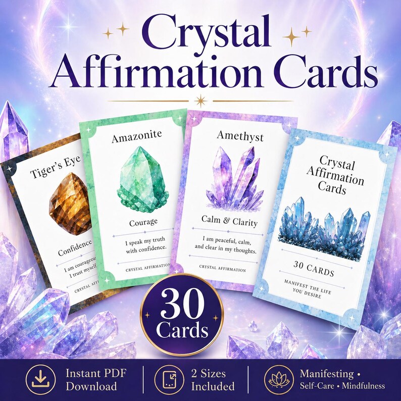 Crystal affirmation cards set with watercolor illustrations of Tiger's Eye, Amazonite, Amethyst and more, 30 cards