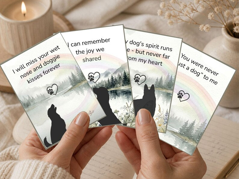 Four cards with dog silhouettes and verses including I will miss your wet nose and you were never just a dog