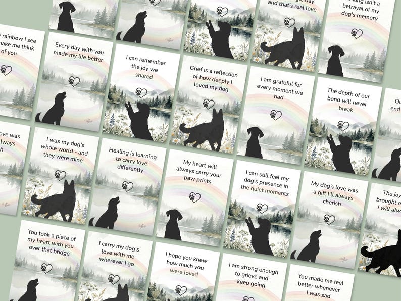 Cards with dog silhouettes, rainbows and paw prints on a watercolor lake and trees background