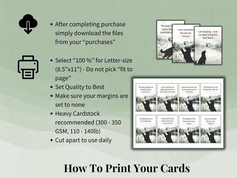 Printable dog silhouette cards on a nature background with printing instructions