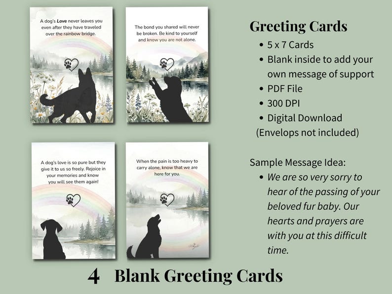 Four blank 5x7 greeting cards with watercolor dogs, rainbows and heartfelt messages