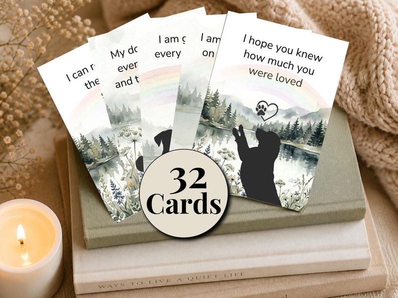 Stack of dog loss cards with watercolor dog silhouette, mountains and a rainbow, labeled 32 cards