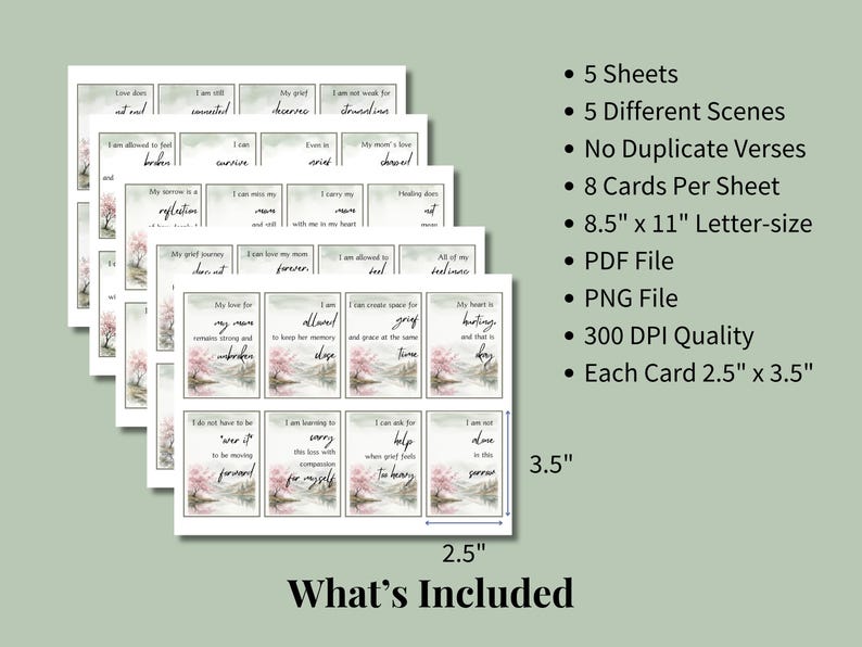 Five sheets of printable cards each with a different watercolor scene and verse, 2.5 by 3.5 inches