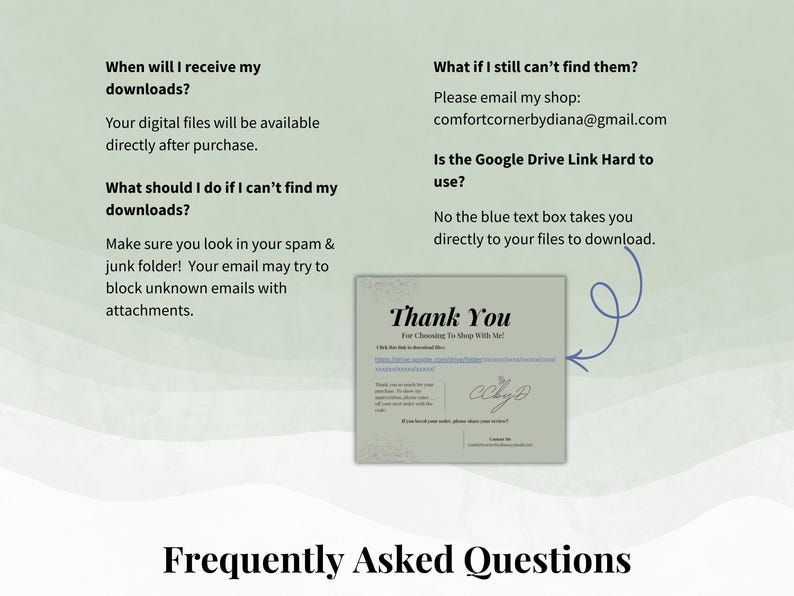 Light green FAQ graphic explaining when downloads arrive with a small thank you card