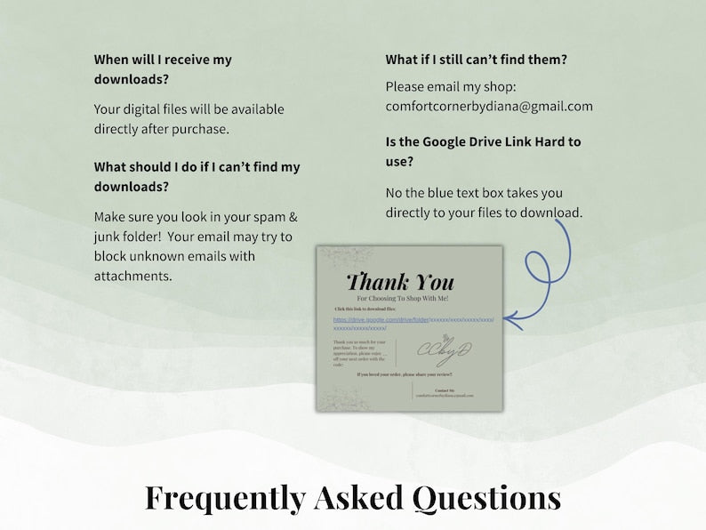 Light green FAQ graphic about digital downloads with a small thank you card
