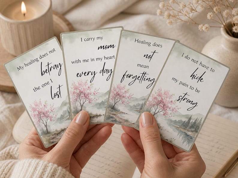 Four cards with verses including my healing does not betray the one I lost and I carry my mom with me