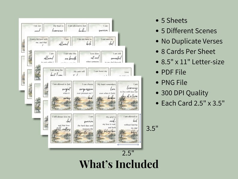 Stack of printed cards with product details, 5 sheets, 5 scenes, no duplicate verses, letter size PDF and PNG