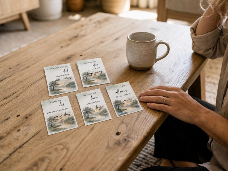 Wooden table with six grief cards and a ceramic mug, I will always love my dad and I carry my dad with me