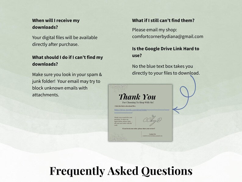 Light green FAQ graphic about receiving downloads with a small thank you card
