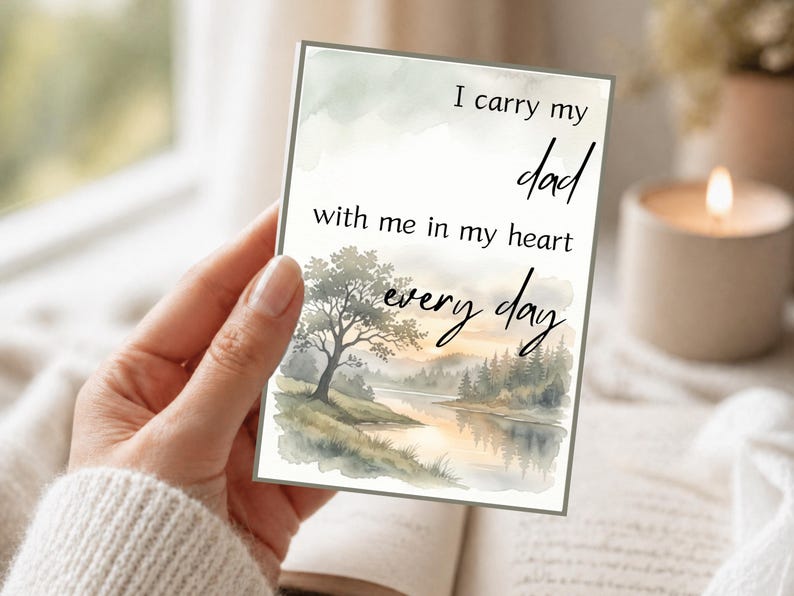Watercolor landscape card reading I carry my dad with me in my heart every day