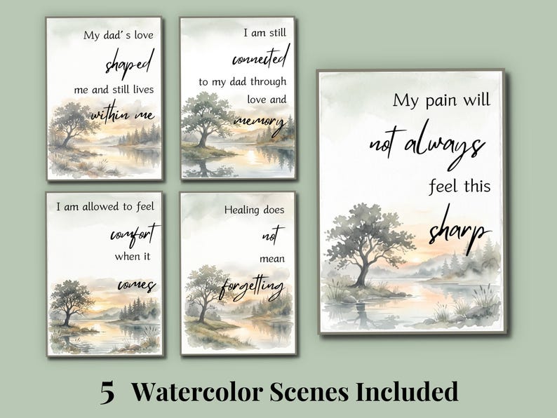 Five watercolor cards with verses including my dads love shaped me and my pain will not always feel this sharp