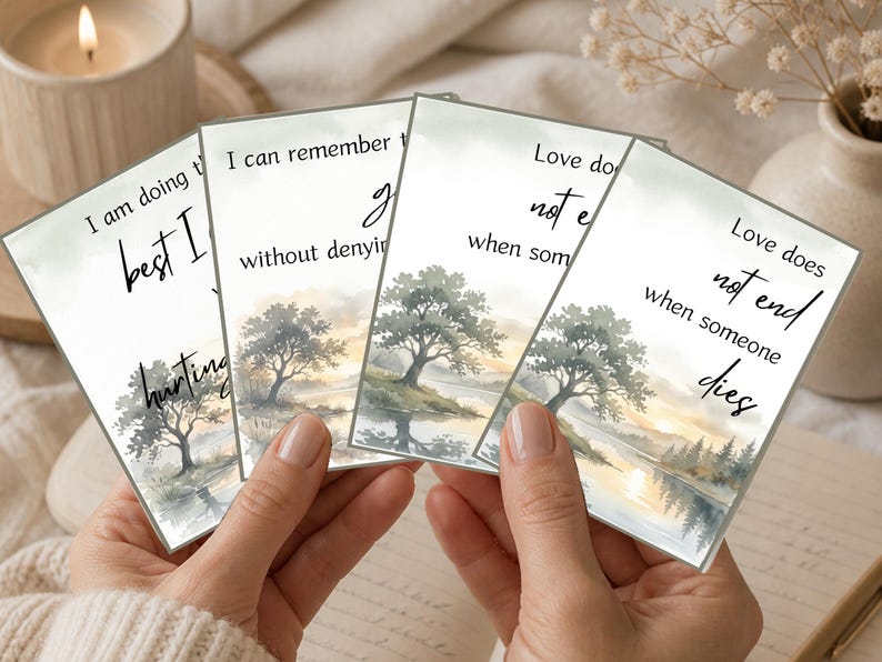 Four cards with watercolor landscapes and verses including love does not end when someone dies