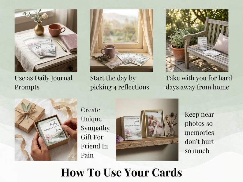 How to use your cards graphic showing the cards near a window, on a table and near photos