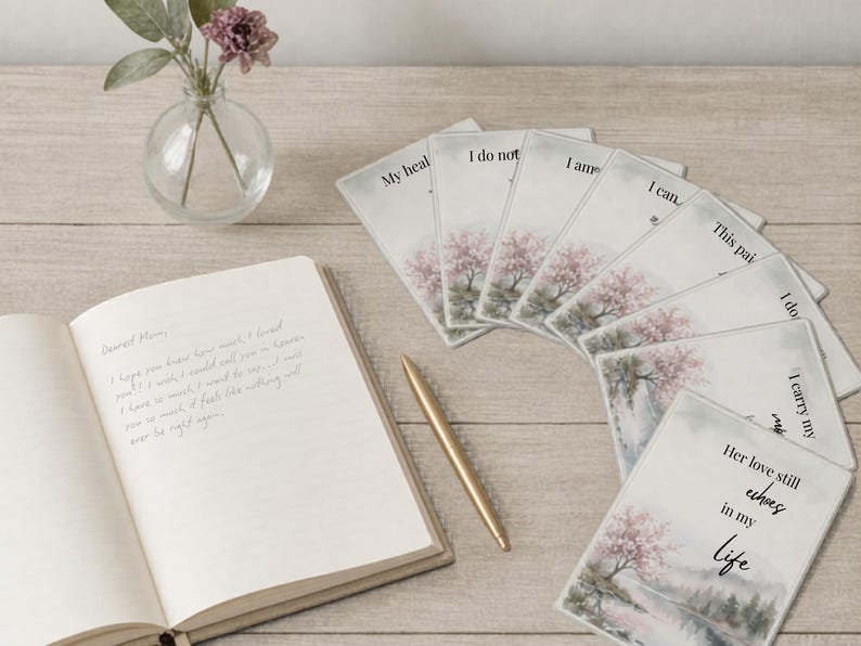 Open notebook with a gold pen, grief cards and a small glass vase of flowers