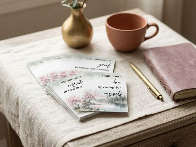 Cards reading my sorrow is a reflection of how deep and I can honor her by caring for myself with a pink mug