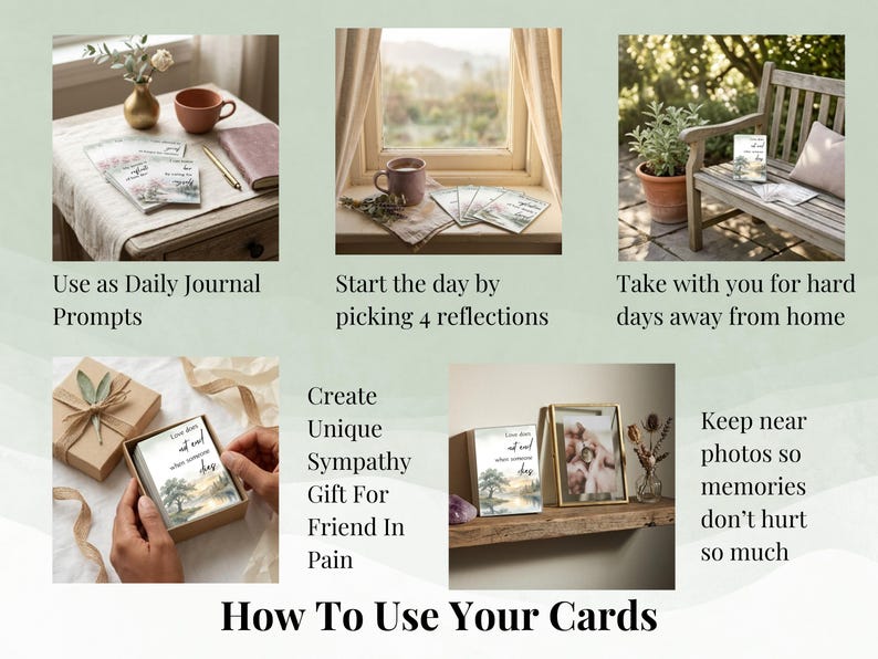 Cards shown in use as journal prompts and sympathy gifts on a table, window and bench